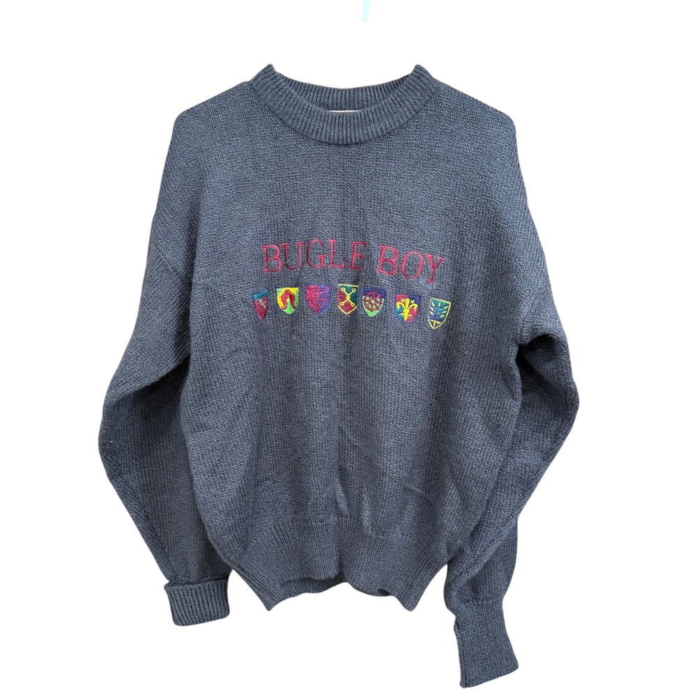 Vintage Bugle Boy‎ Sweater Crewneck Knit Pullover Colorful Crests Mens M